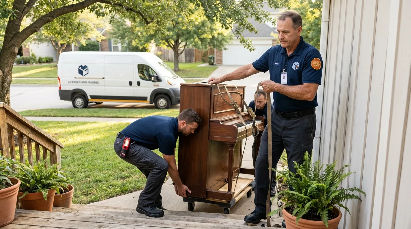 Licensed piano movers securing grand piano in Troy, NY