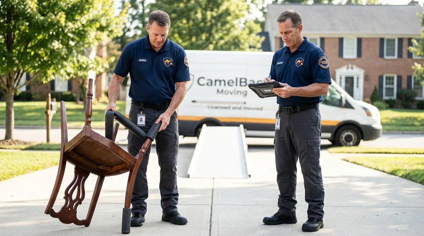 Movers inspecting furniture for damage prevention before loading in Troy, NY